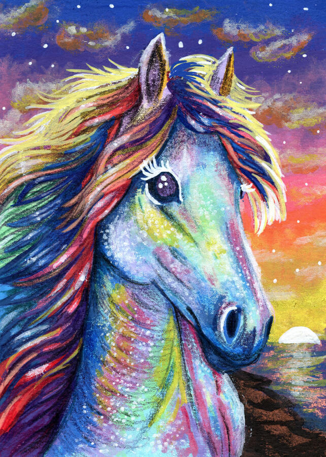 Rainbow Horse - 5" x 7" on water color paper using acrylic ink markers and colored pencils.