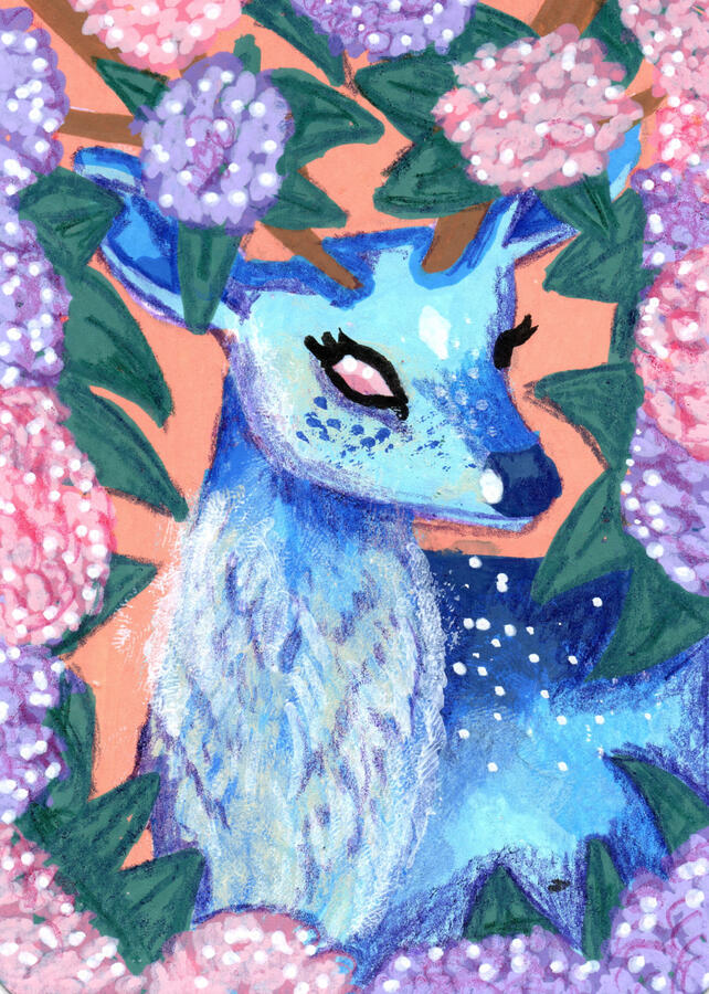 Reverie Beasts - Florafawn, Rainbow Horse - 2.5" x 3.5" on water color paper using acrylic ink markers and colored pencils.